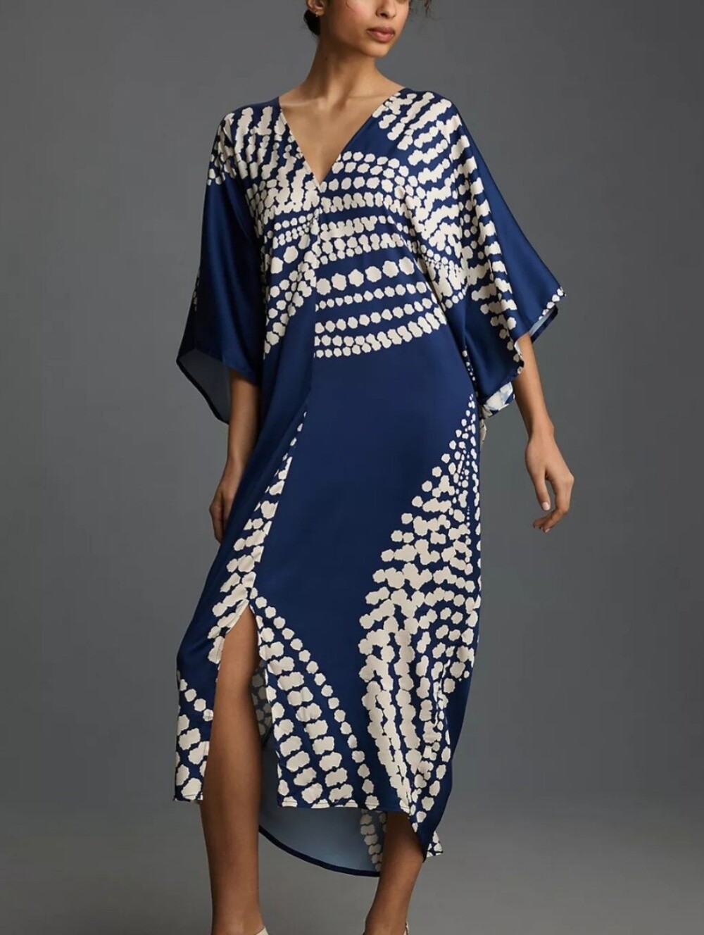 Traffic People Navy Blue White Abstract Dot Silky Kaftan Maxi Dress One Size OS